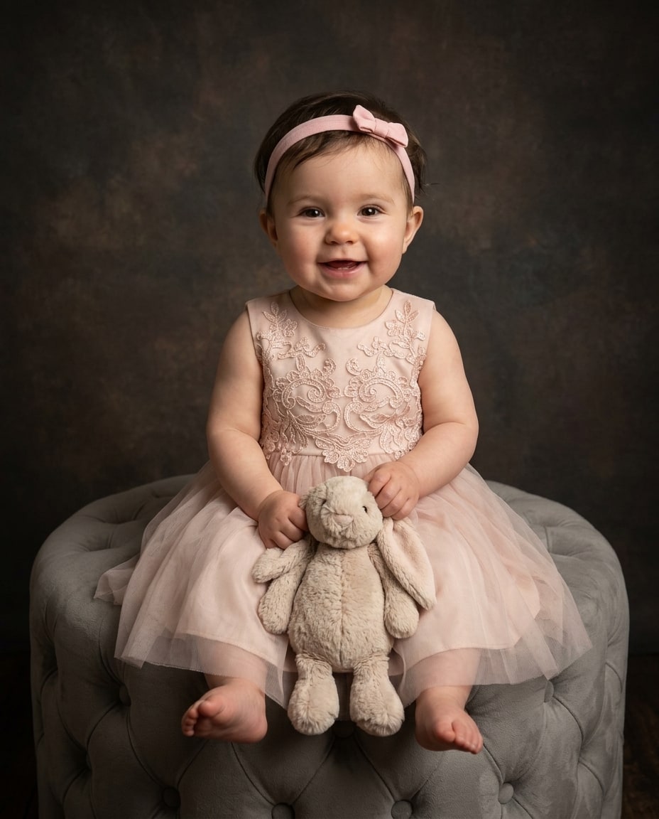A girl heirloom portrait from photo of a smiling baby in a blush lace dress holding a stuffed bunny on a tufted ottoman.