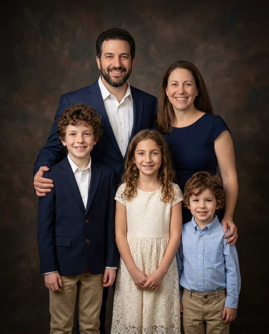 A classic family portrait from a photo captures parents standing with their three young children against a dark textured backdrop.