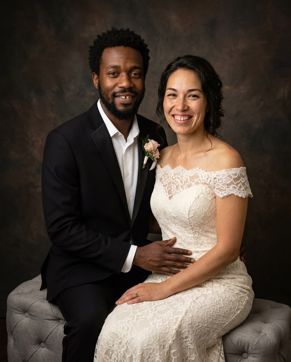An oil painted wedding portrait from photo featuring a smiling bride in an off the shoulder lace dress seated beside her groom in a black suit.