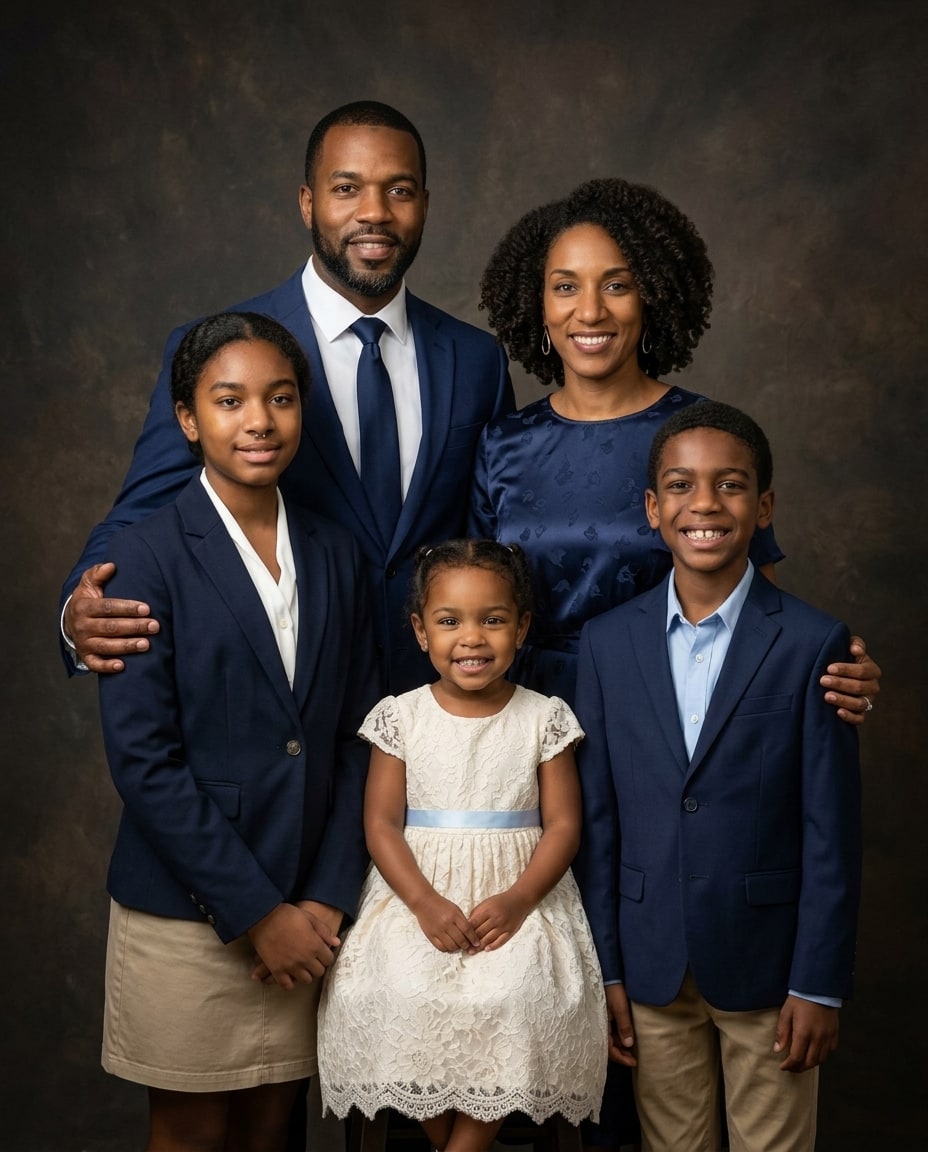 A smiling family of five poses together wearing coordinated navy blue and cream formal clothing against a dark mottled background.