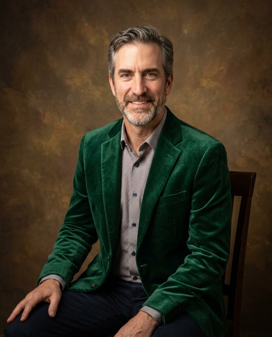 A smiling bearded man in an emerald green velvet blazer sits on a wooden chair against a textured brown backdrop.
