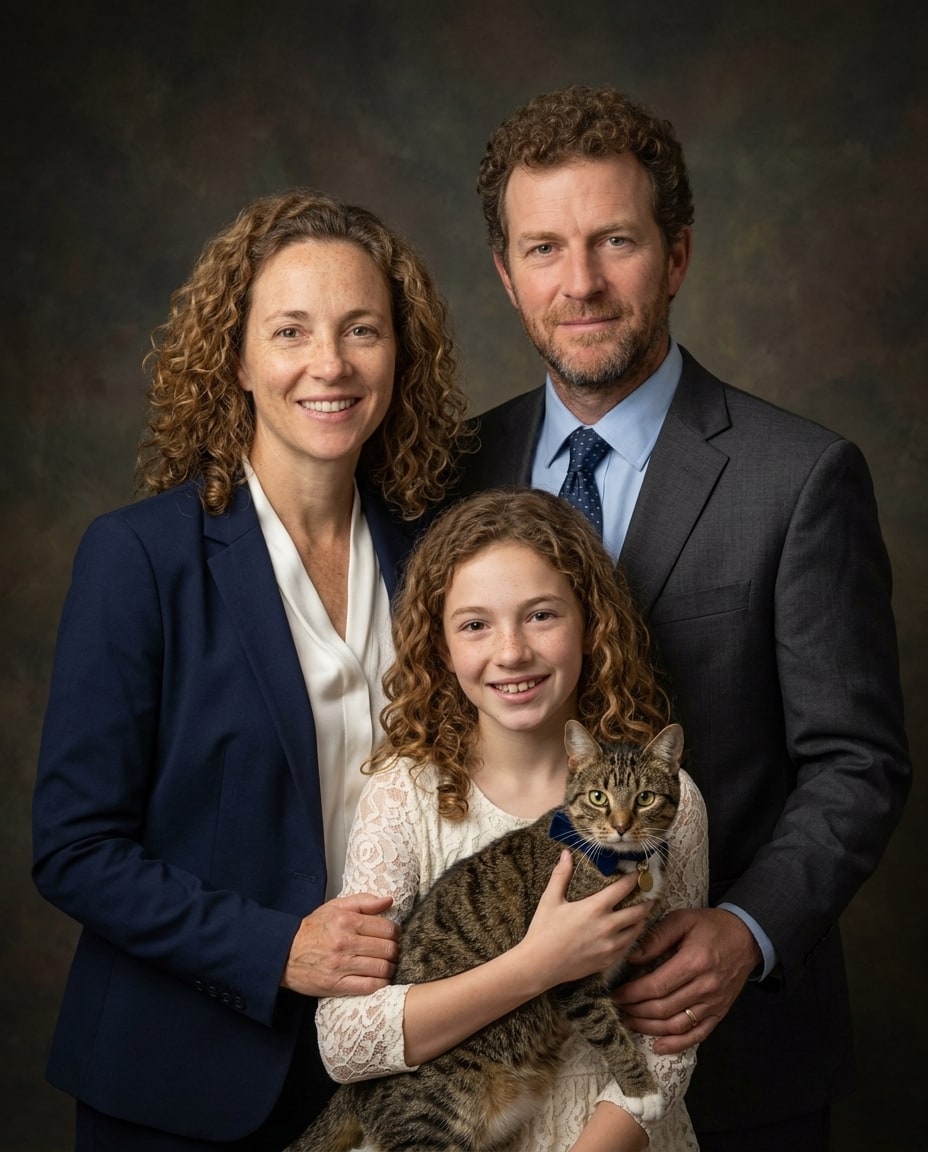 A mother, father, and daughter smiling together while holding their brown tabby cat against a dark mottled background.