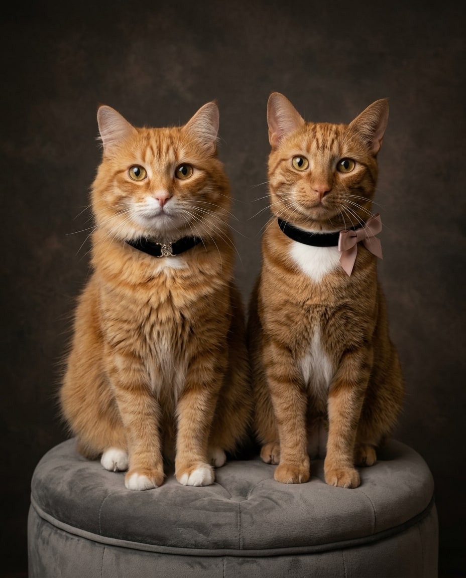 Two orange tabby cats sit side by side on a gray velvet stool in a hand-painted style portrait against a dark brown backdrop.