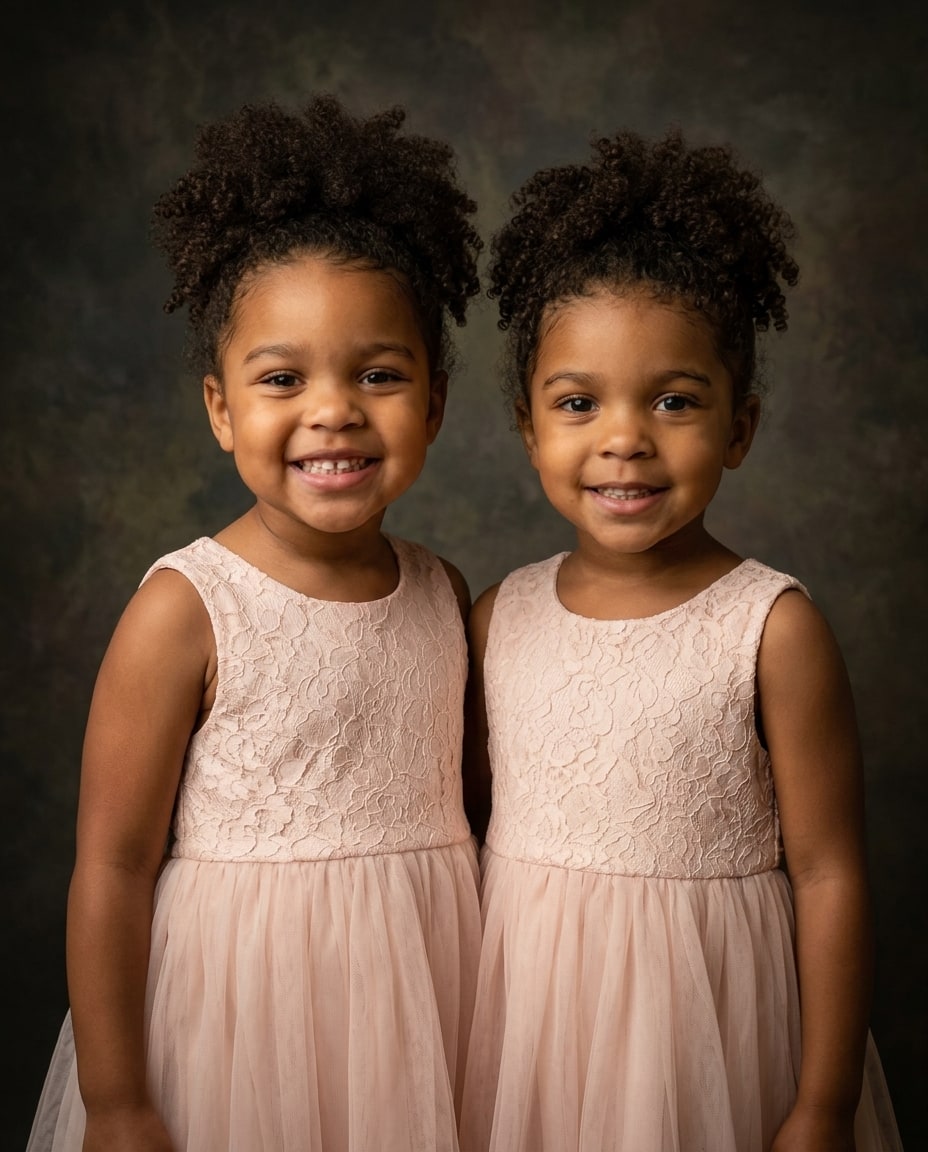 Two young smiling girls stand side by side wearing matching sleeveless blush pink dresses in front of a dark textured background.