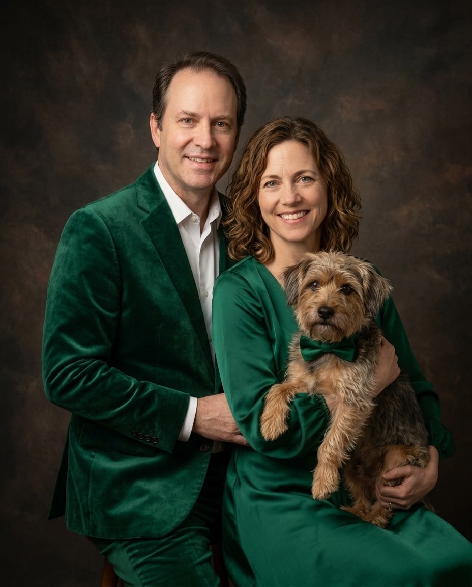 Fine art portrait photograph of a smiling couple dressed in matching emerald green formal wear posing with their small terrier mix dog against a dark textured backdrop.