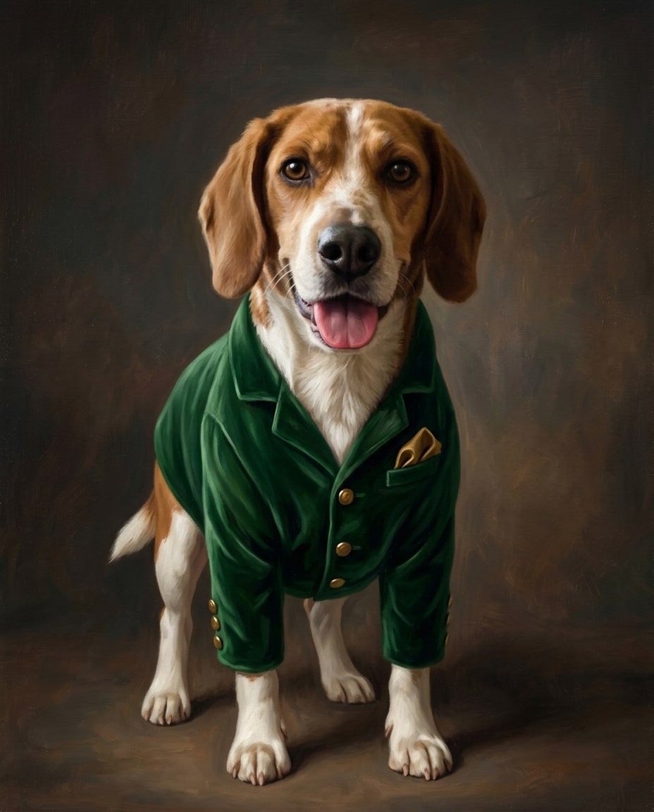 A dog pet portrait of a happy beagle standing in a tailored green velvet suit jacket with gold buttons against a dark backdrop.