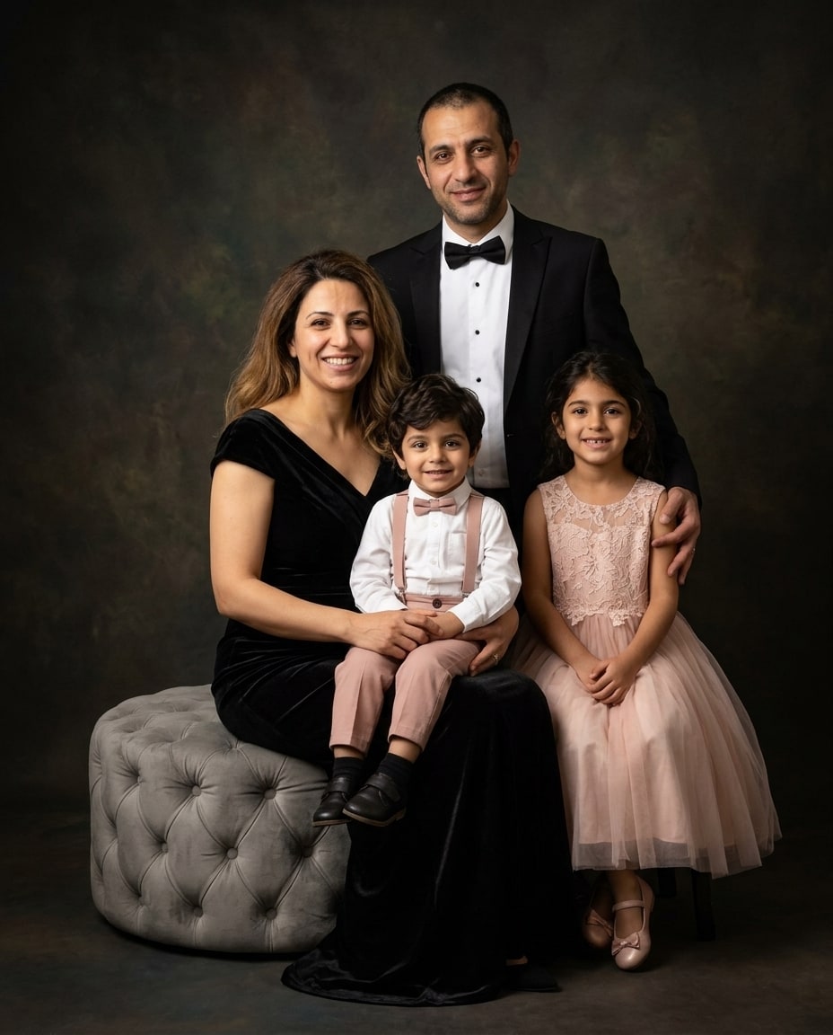 A family of four in formal black and blush pink clothing poses together against a dark textured background.