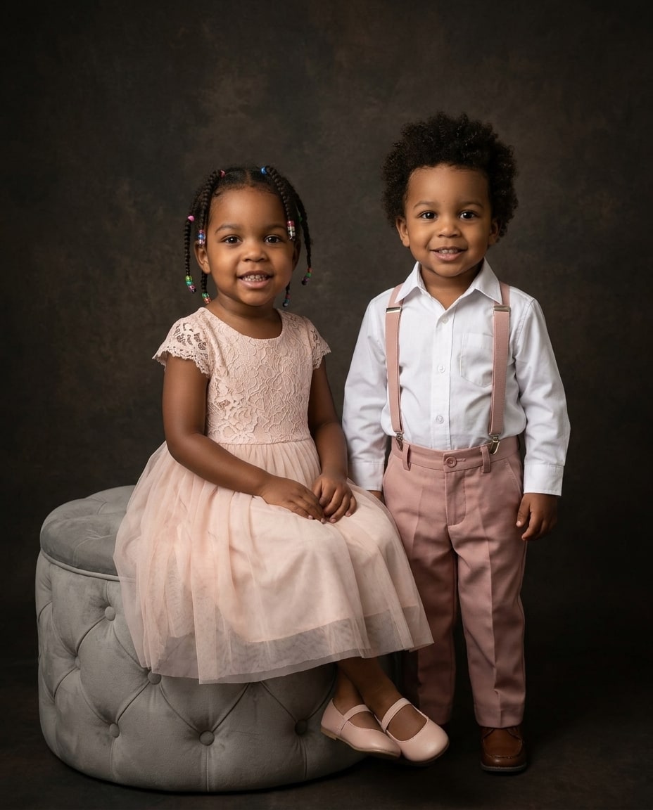 A young brother and sister pose for an heirloom portrait in coordinating blush pink outfits against a dark brown background.