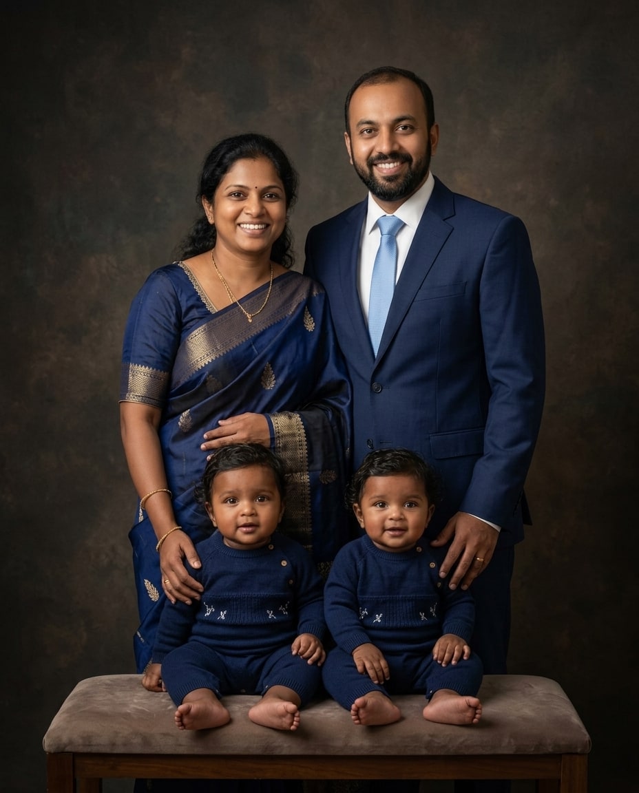 A smiling mother and father in navy blue attire stand behind their twin baby boys seated on a cushioned bench against a dark backdrop.