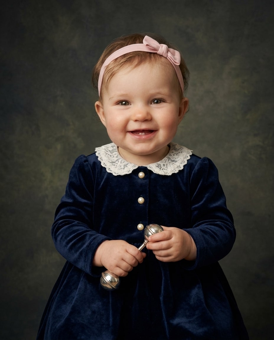 An heirloom baby depiction of a smiling infant wearing a navy velvet dress with a lace collar and holding a silver rattle.