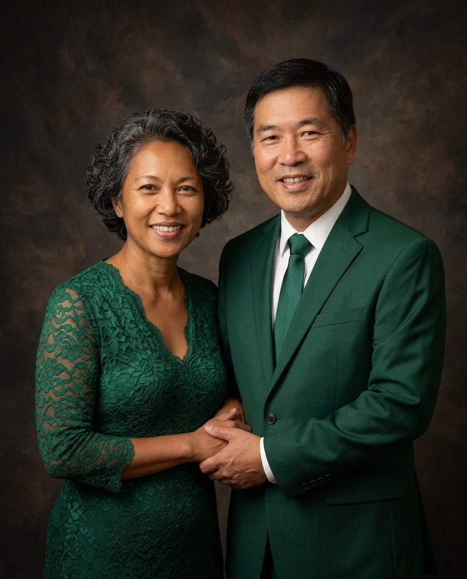 A smiling mature couple holds hands wearing matching emerald green attire against a dark studio background for a parents memorial.