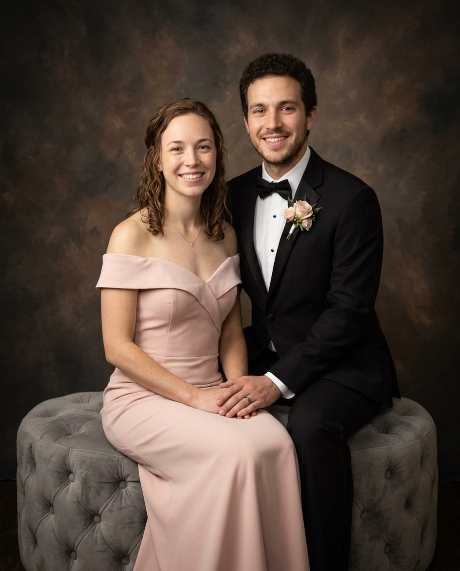 A smiling couple sits on a grey tufted ottoman against a mottled brown backdrop, dressed in a blush pink gown and a black tuxedo.