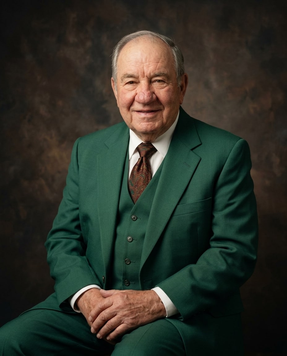 A smiling elderly man in a green three-piece suit and paisley tie sits against a textured dark brown background.