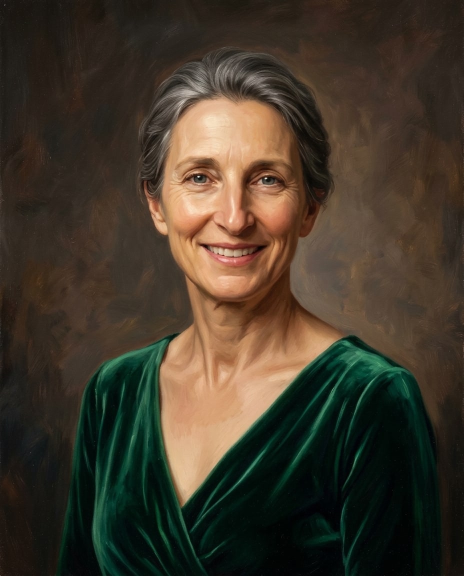 A mom memorial oil painted portrait of a smiling mature woman with grey hair wearing an emerald green velvet dress against a warm brown background.