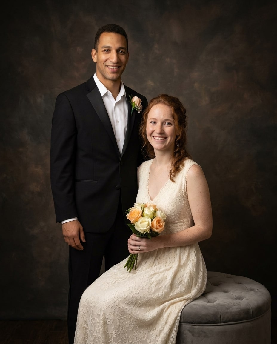 A man in a black suit stands beside a smiling woman seated in a cream lace dress holding a small bouquet of roses against a dark textured backdrop.