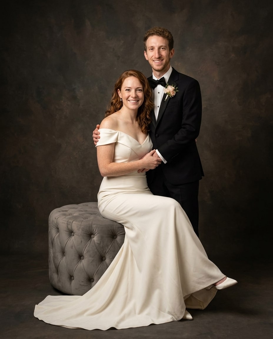 A wedding portrait from photo featuring a smiling bride seated in an ivory gown and a groom standing in a black tuxedo against a dark backdrop.