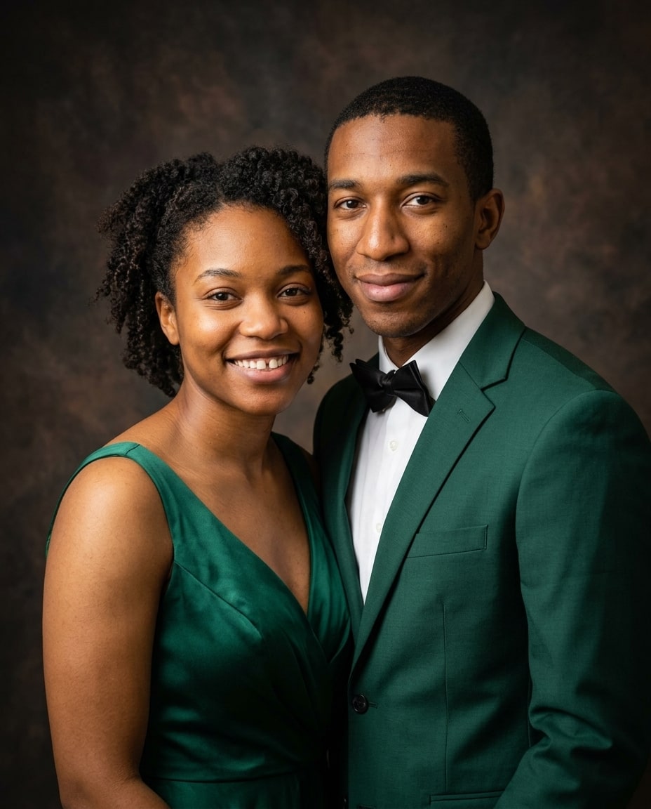 A smiling couple poses closely together wearing formal emerald green attire against a mottled brown background.