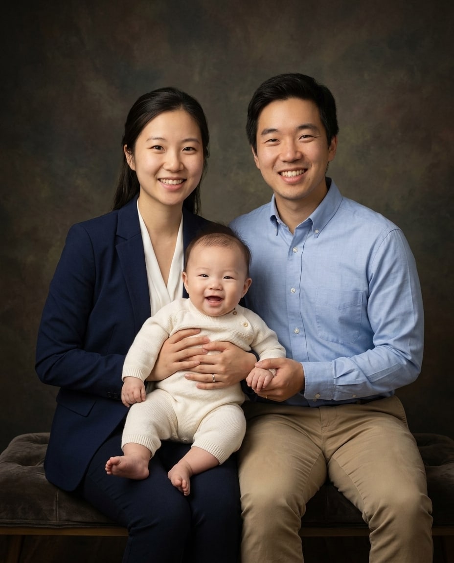 A smiling mother and father sit close together holding their happy baby against a textured dark background.