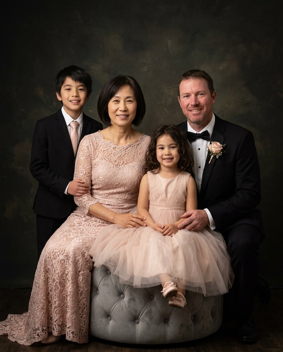 A formal wedding portrait shows a family of four posing together, featuring a mother in a blush lace dress, a father and son in black suits, and a young daughter in a pink tulle dr