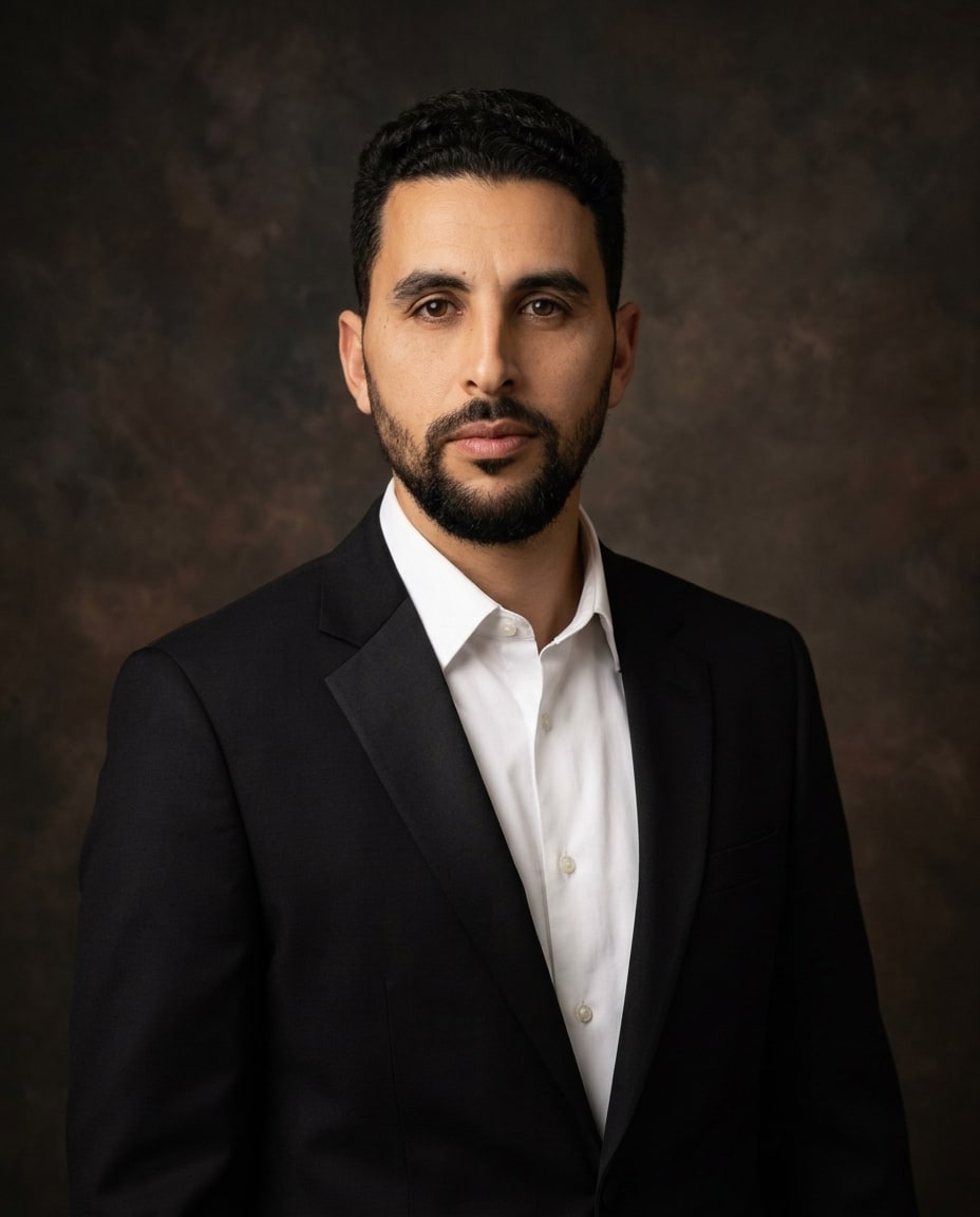 A man with short dark hair and a beard wears a black suit jacket and white dress shirt against a dark brown textured background.