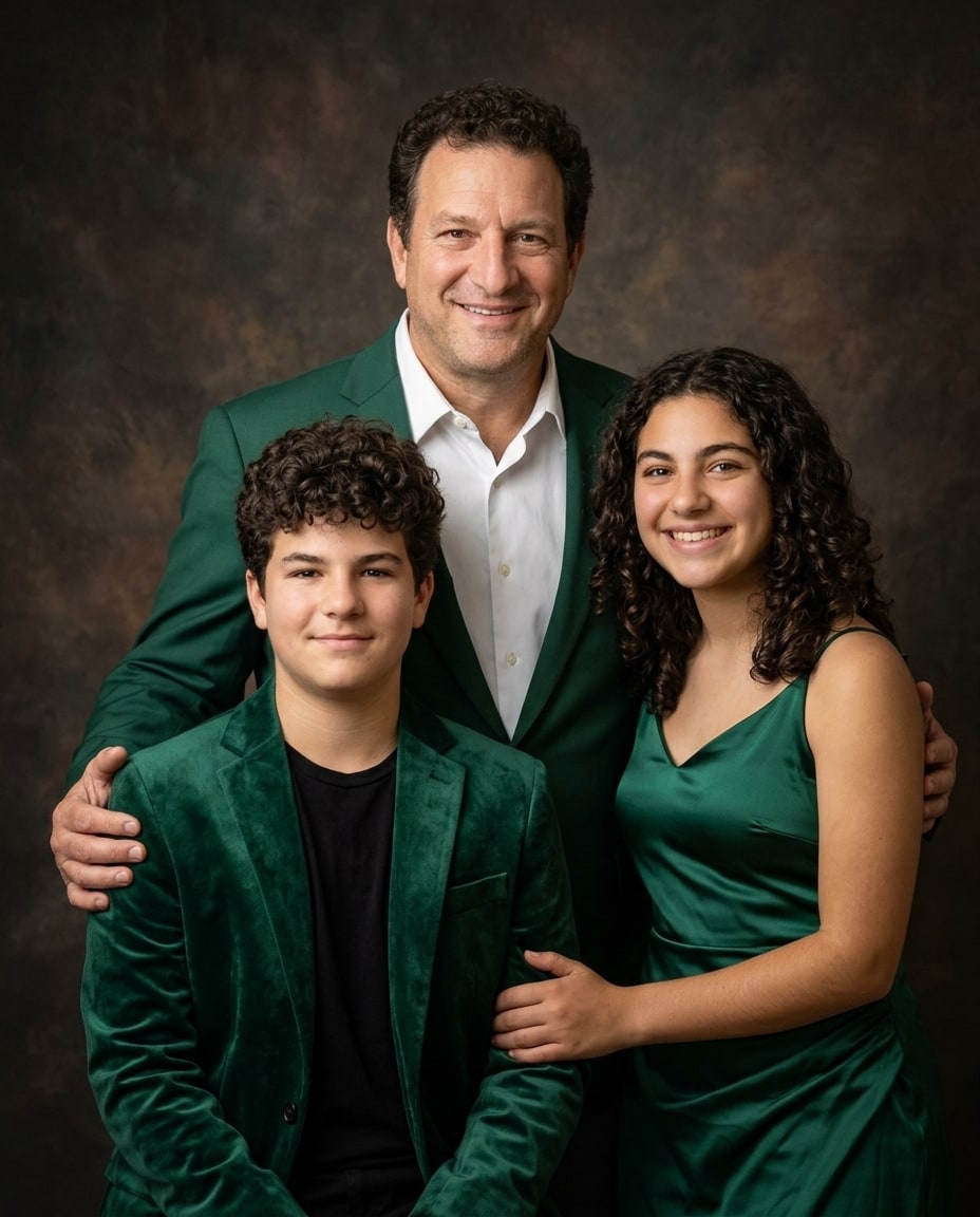 A smiling father stands behind his son and daughter, all dressed in matching emerald green against a dark mottled background.