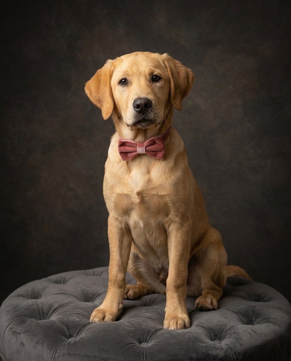 A yellow Labrador puppy wearing a dusty rose bow tie sits attentively on a grey tufted ottoman, ideal as a memorial gift for a lost dog.