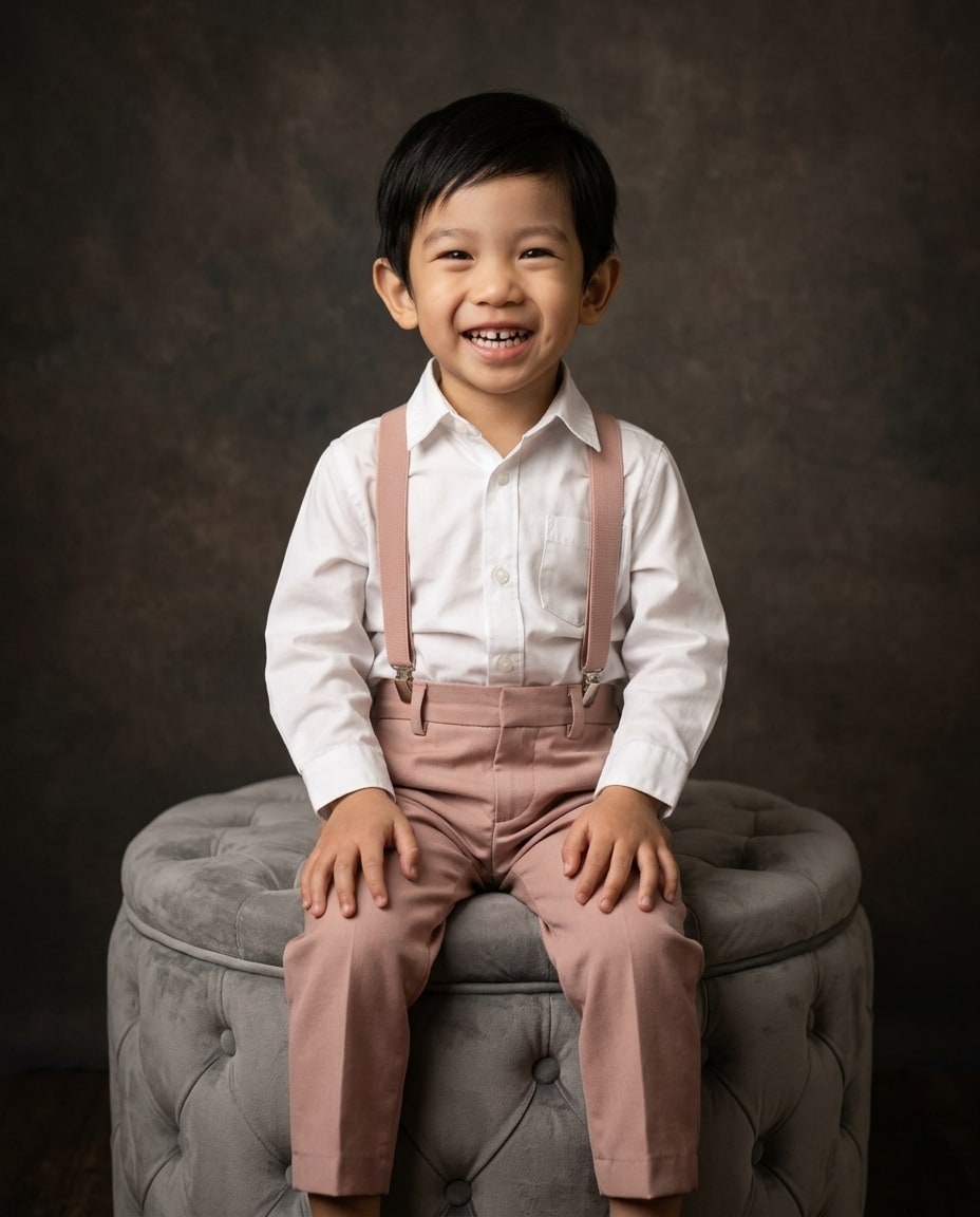 An heirloom portrait on canvas of a smiling young boy dressed in a white shirt and dusty pink suspenders seated on a tufted ottoman.