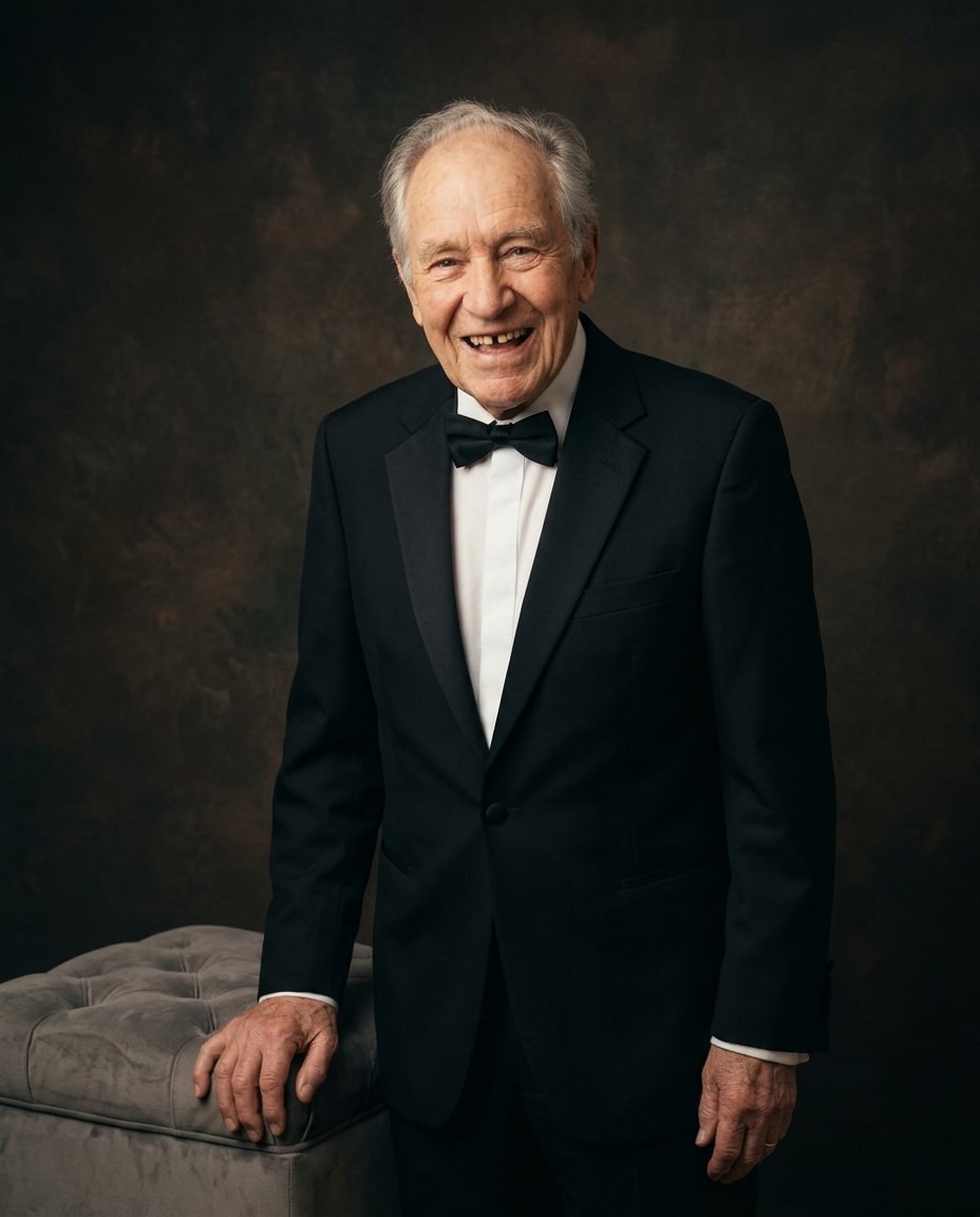 An elderly man smiles warmly in a black tuxedo and bow tie against a dark textured backdrop.