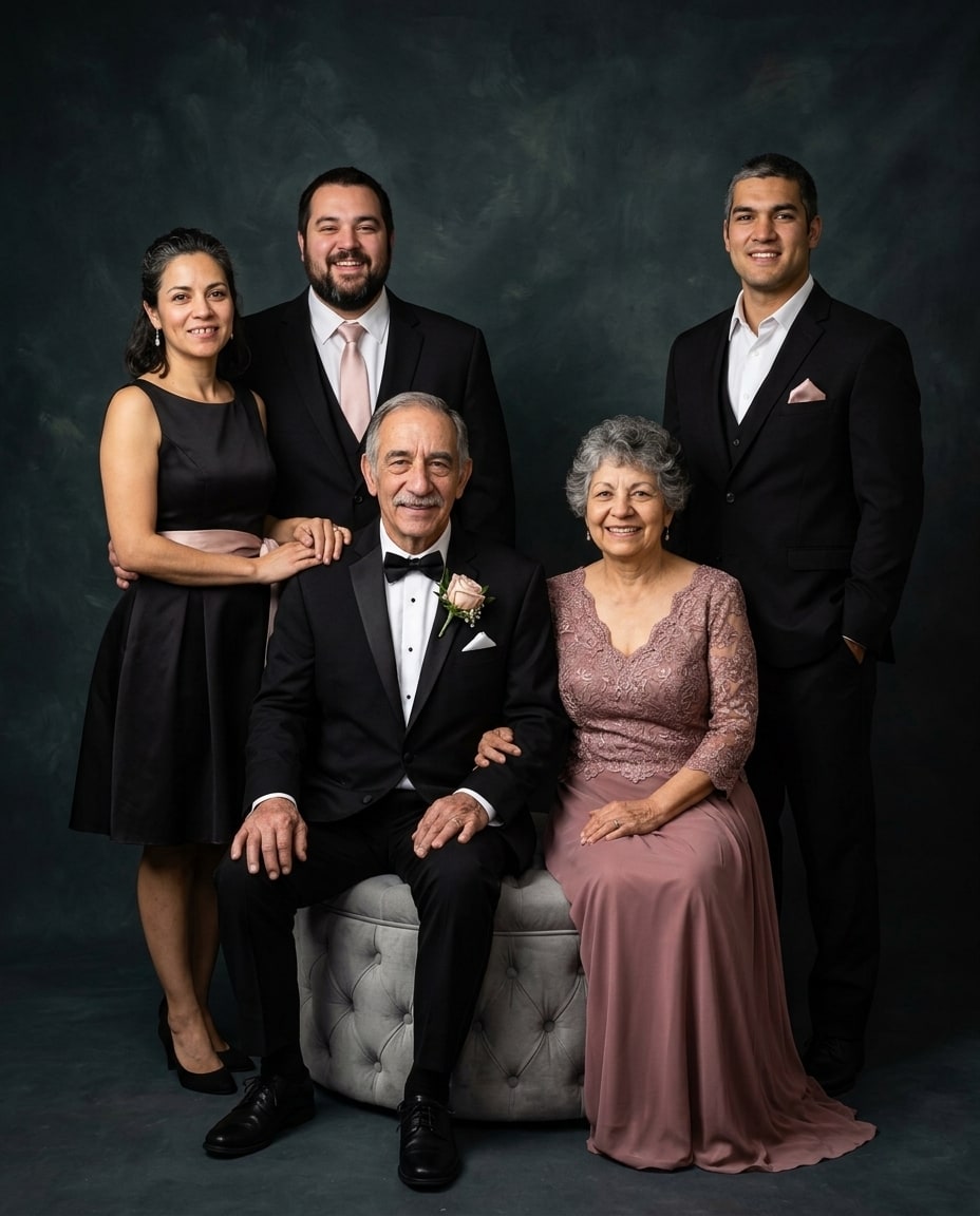 A formal group photo of five adults posing in black and dusty rose attire against a dark mottled backdrop.