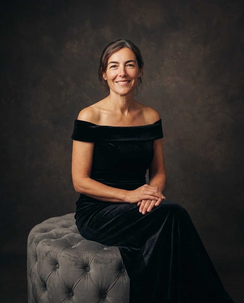 A smiling mature woman poses gracefully in a black off-the-shoulder velvet dress, offering a timeless visual memory ideal as a memorial gift for a grandmother.