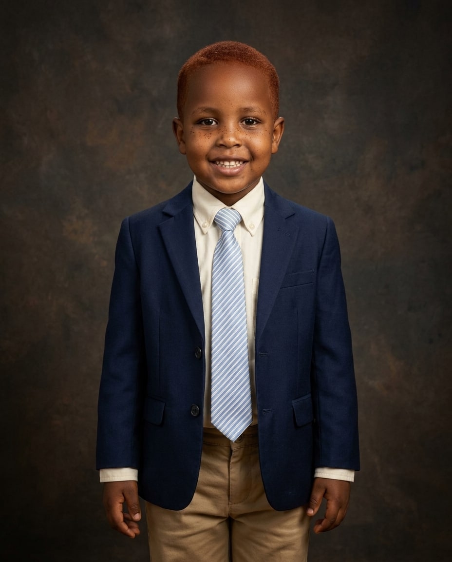 A smiling young boy with reddish hair poses in a navy blue blazer, striped tie, and khaki trousers against a dark brown textured background.