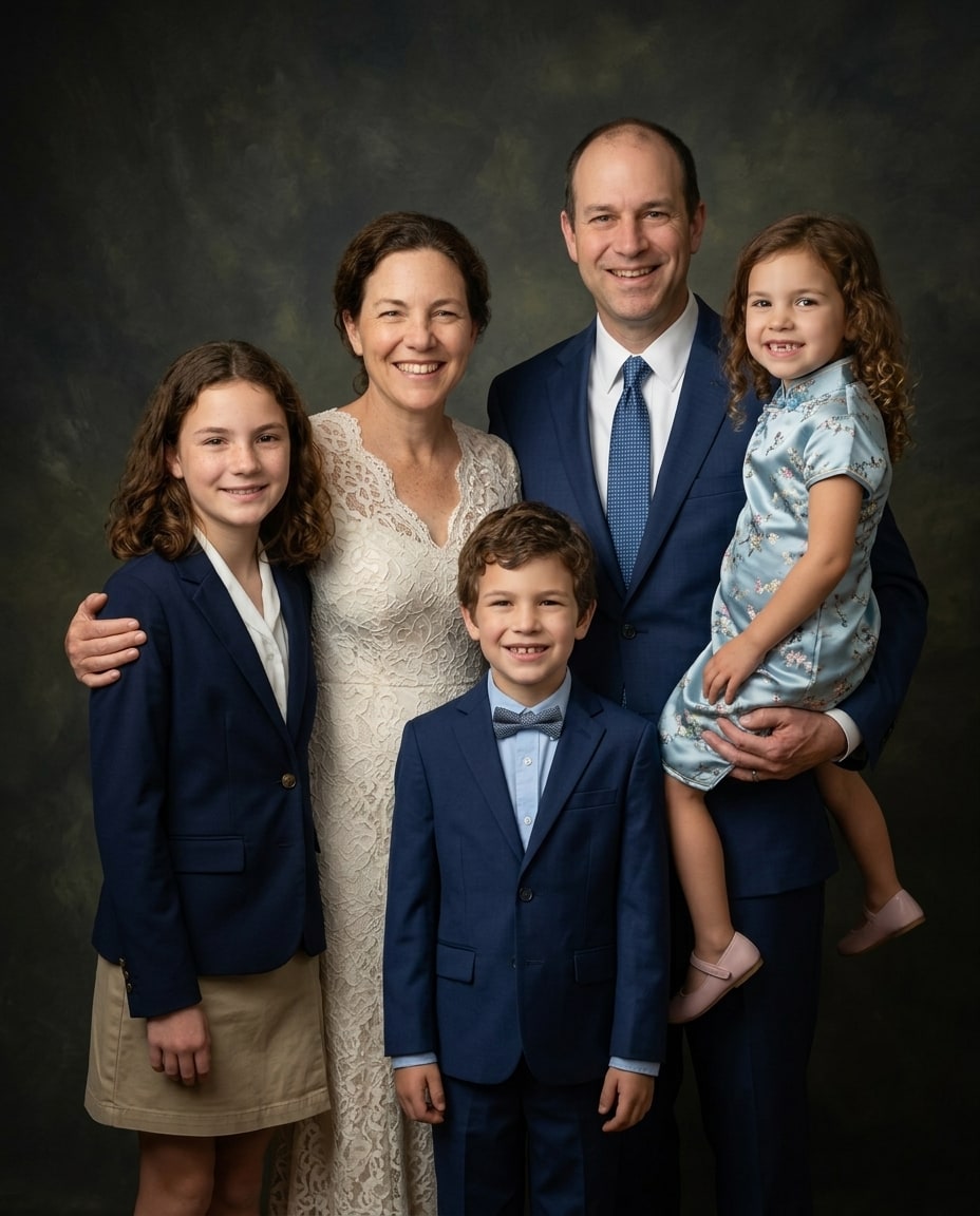 A smiling family of five poses together dressed in formal navy blue and cream clothing against a dark textured backdrop.