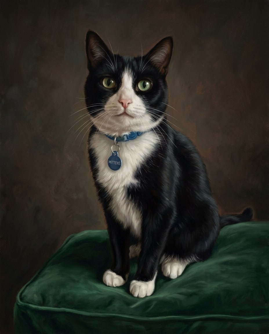 A black and white tuxedo cat wearing a blue collar sits attentively on a dark green velvet cushion against a dark brown background.