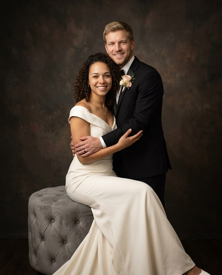 A smiling couple poses closely with the woman seated in an off-the-shoulder ivory dress on a grey tufted ottoman and the man standing beside her in a black tuxedo against a dark te