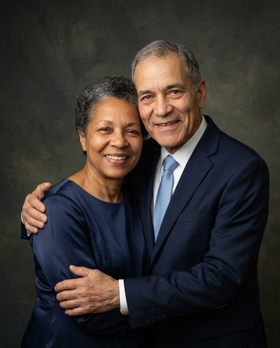 A memorial portrait of smiling grandparents embracing in formal navy blue attire against a dark textured background.