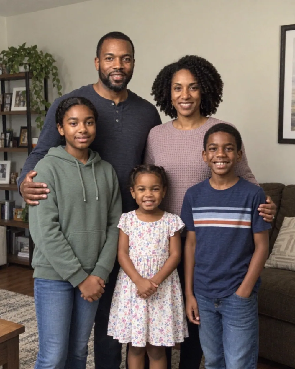 A family of five together at home in everyday clothes, photographed on a phone