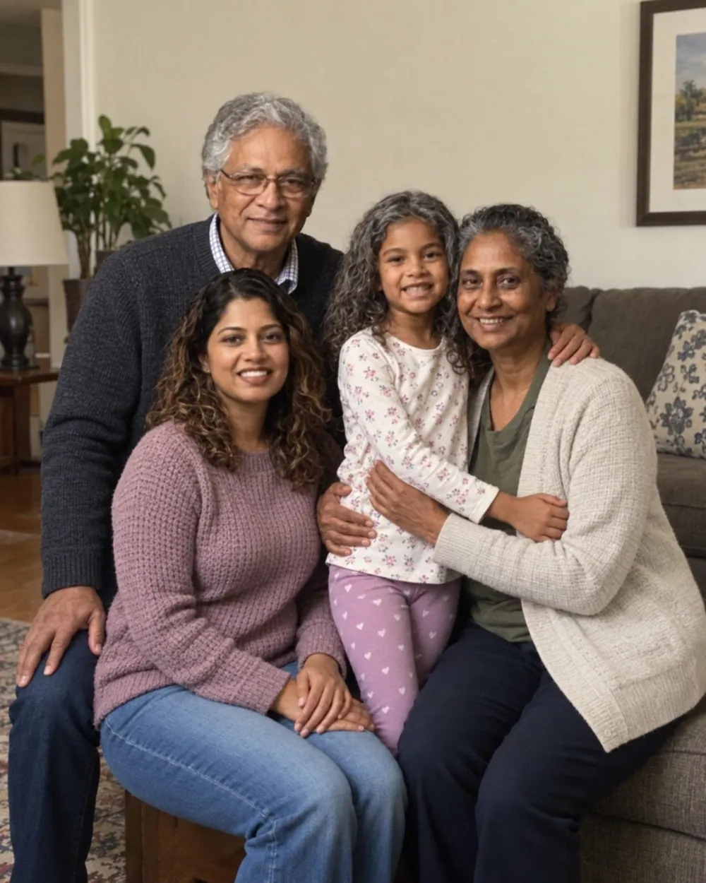A three-generation family of four together at home, photographed on a phone