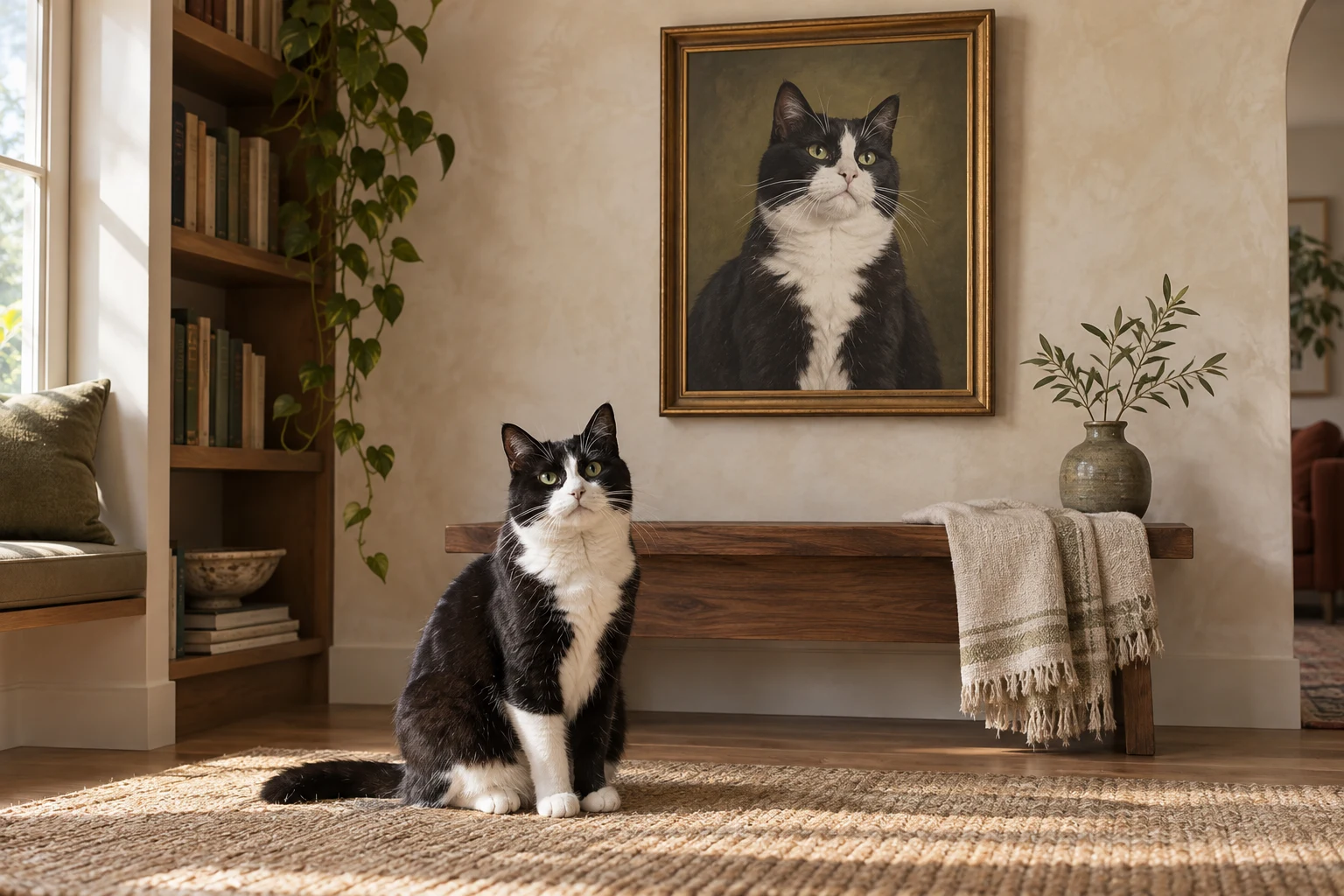 Tuxedo cat sitting beneath a framed painted portrait of the same cat in a reading nook
