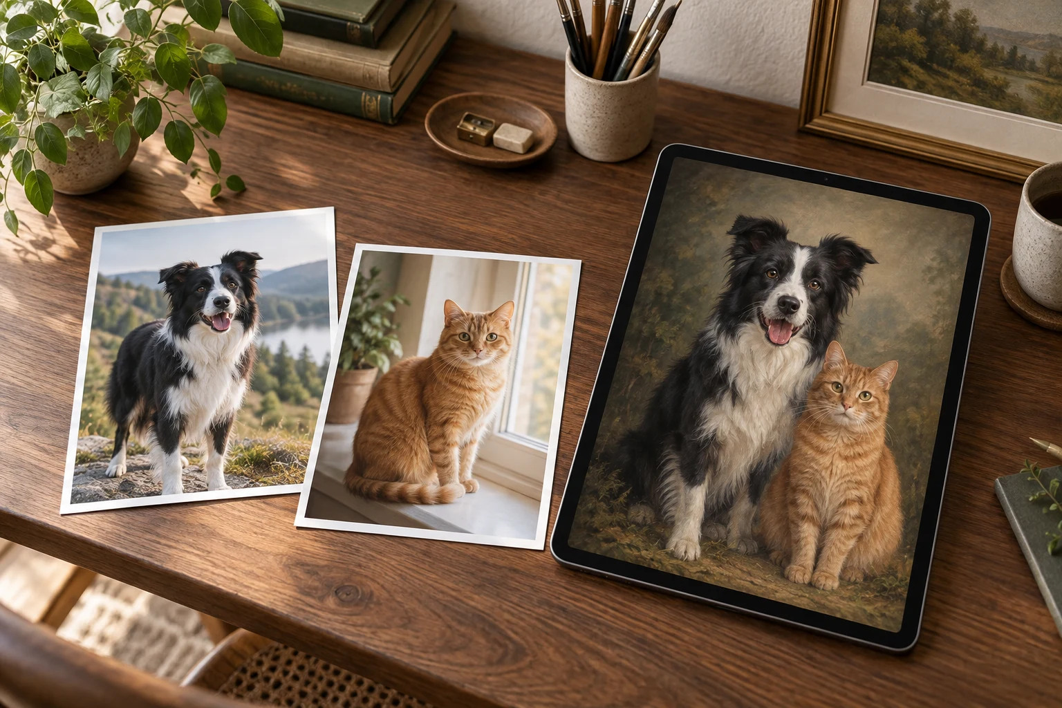Separate photos of a border collie and ginger cat beside one painted portrait of both pets