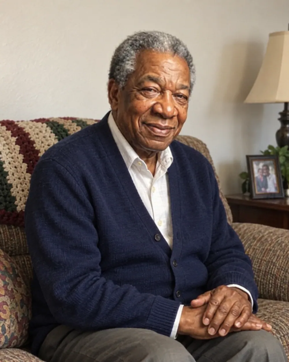 An older man seated at home in a navy cardigan, photographed on a phone