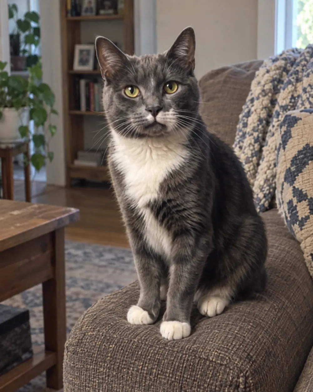 A gray-and-white tuxedo cat sitting on a sofa at home, photographed on a phone
