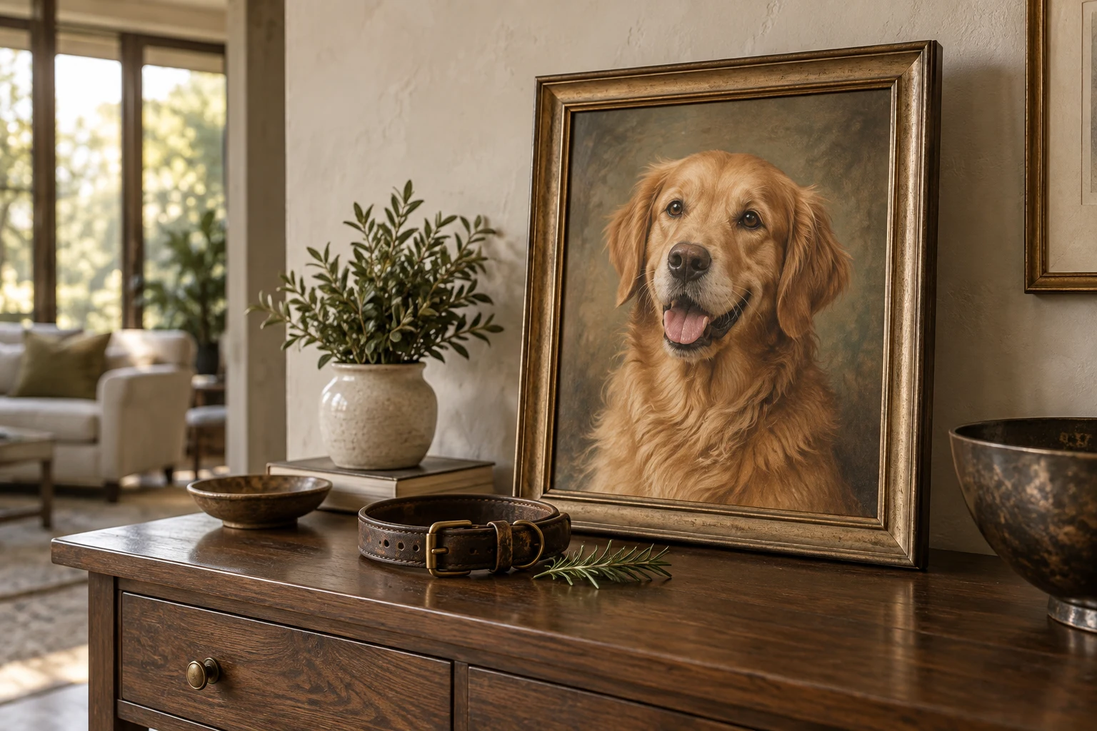 Framed painted portrait of a golden retriever beside its worn collar in a quiet home