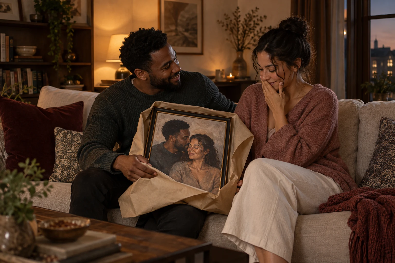 Couple sharing a quiet reaction as a framed portrait gift is revealed at home