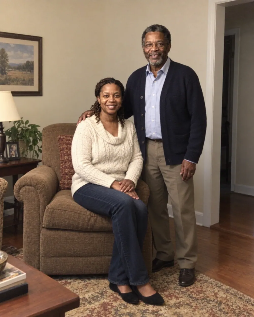 An older couple together at home in everyday clothes, photographed on a phone